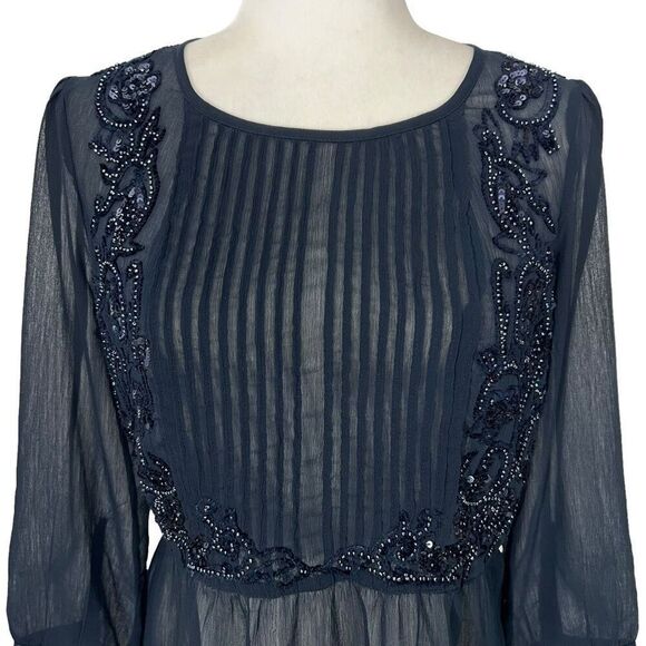 Anthropologie Maeve Helene Blouse in Navy Size Small 4 w Embellished Sequin Pepl - Picture 2 of 12